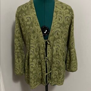 Lavish Olive Green Eyelet Tie-Front Jacket